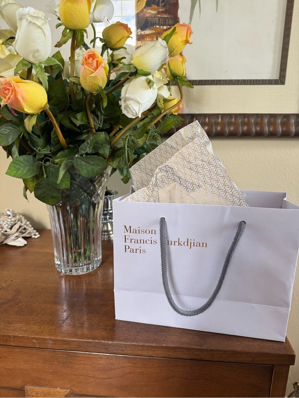 Maison Francis Kurkdjian White & Gold Gift Bag. Gold & White tissue included.